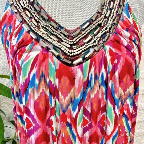NY Collection Colorful Ikat  tribal hippie sleeveless v-neck beaded sheath sleev - Picture 7 of 8